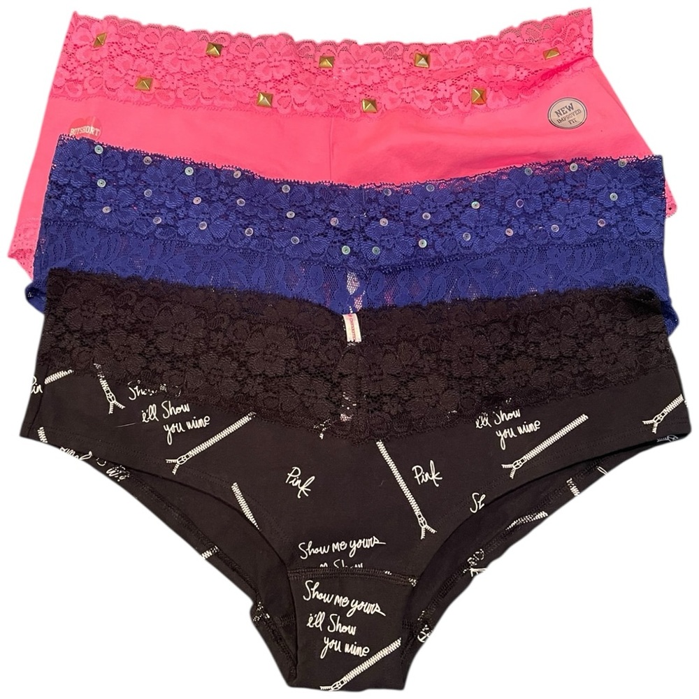 PINK Victoria’s Secret Panty Panties Lot of 3 Pink Blue Black Various Styles Lg